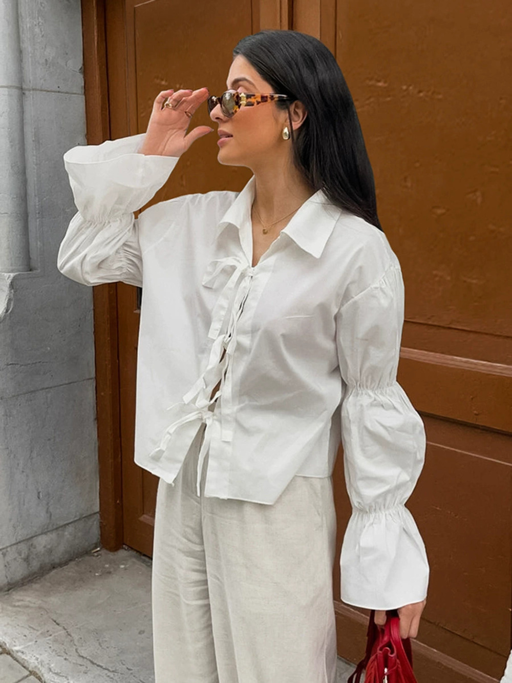 Forever 21 Spring White Tie Puff Sleeve Blouse Lapel Collar Long Sleeve